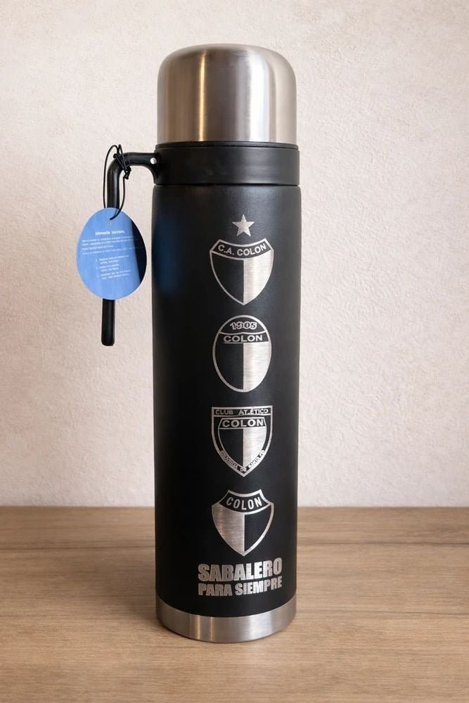 TERMO MEDIA MANIJA NEGRO DE 1L GRABADO COLÓN DE SANTA FE